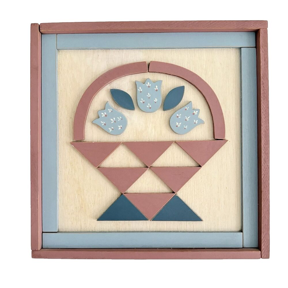 Vtg Wood Barn Quilt Framed Tulip Basket Art Piece Wall Hanging Farmhouse 12x12"